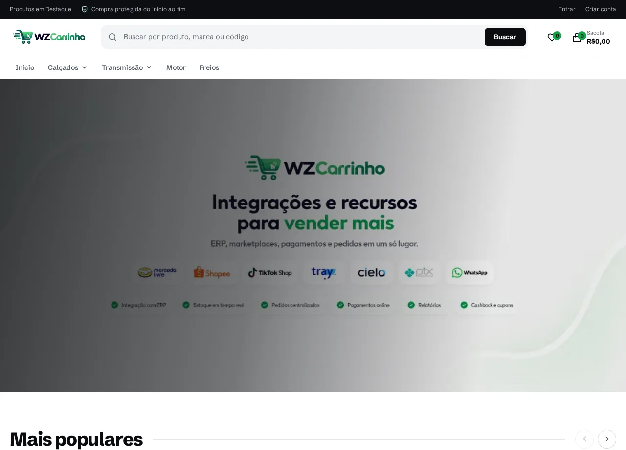 Loja demonstrativa real do WZCarrinho com busca, departamentos e vitrine de produtos